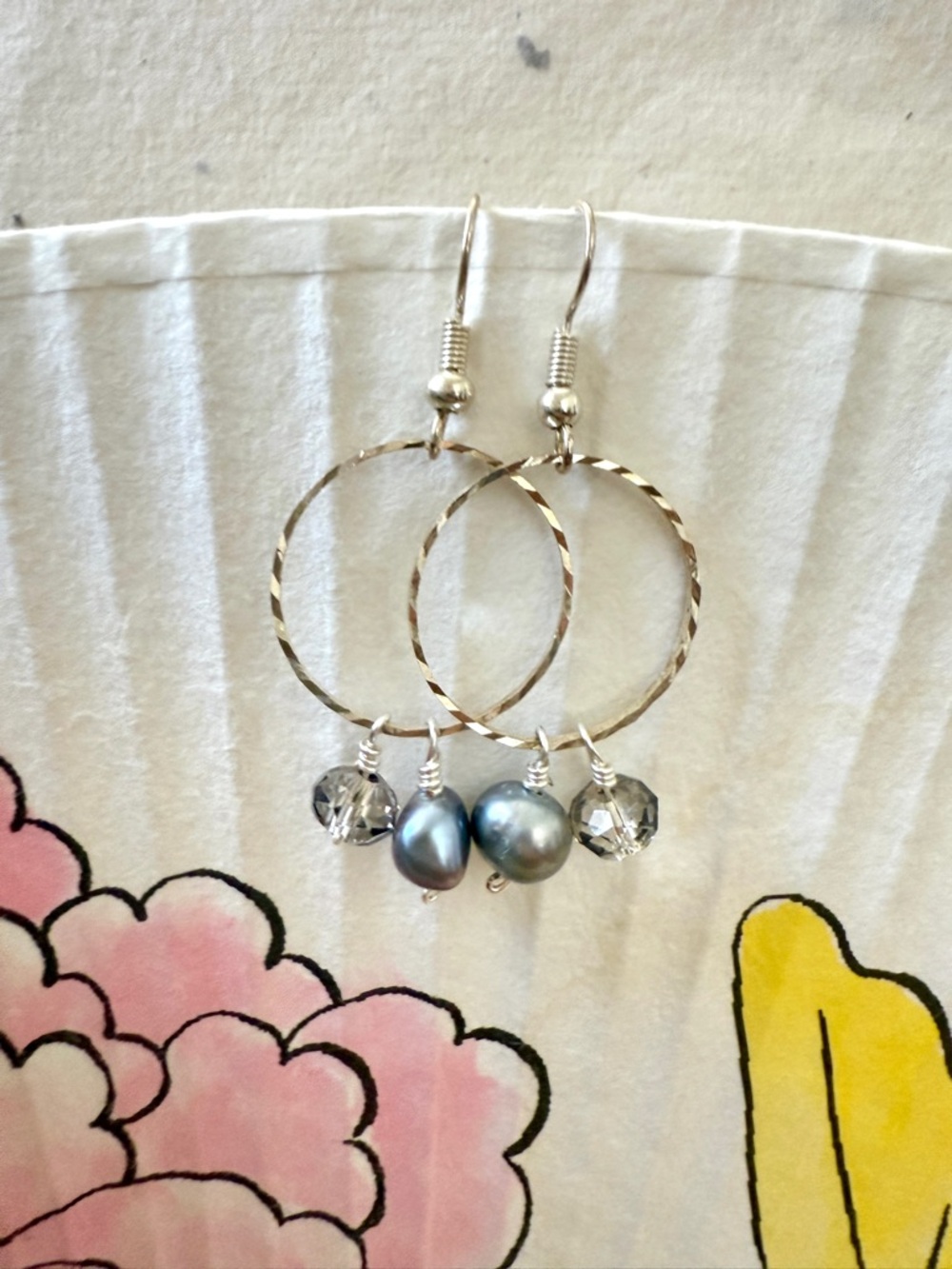 Handmade Silver Hoop Earrings with Blue Pearl and Crystal Accent